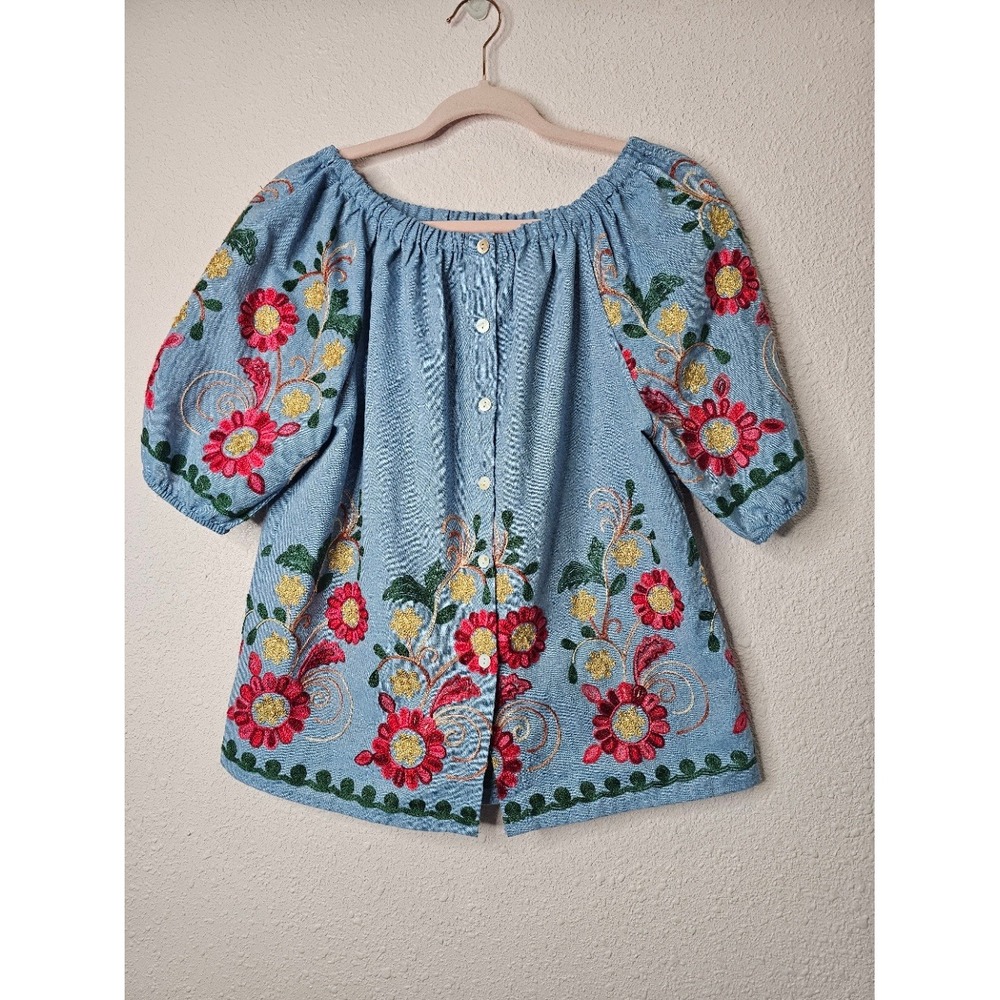 Ana & Rose Blue Chambray Floral Embroidered Off Shoulder Peasant Blouse Small